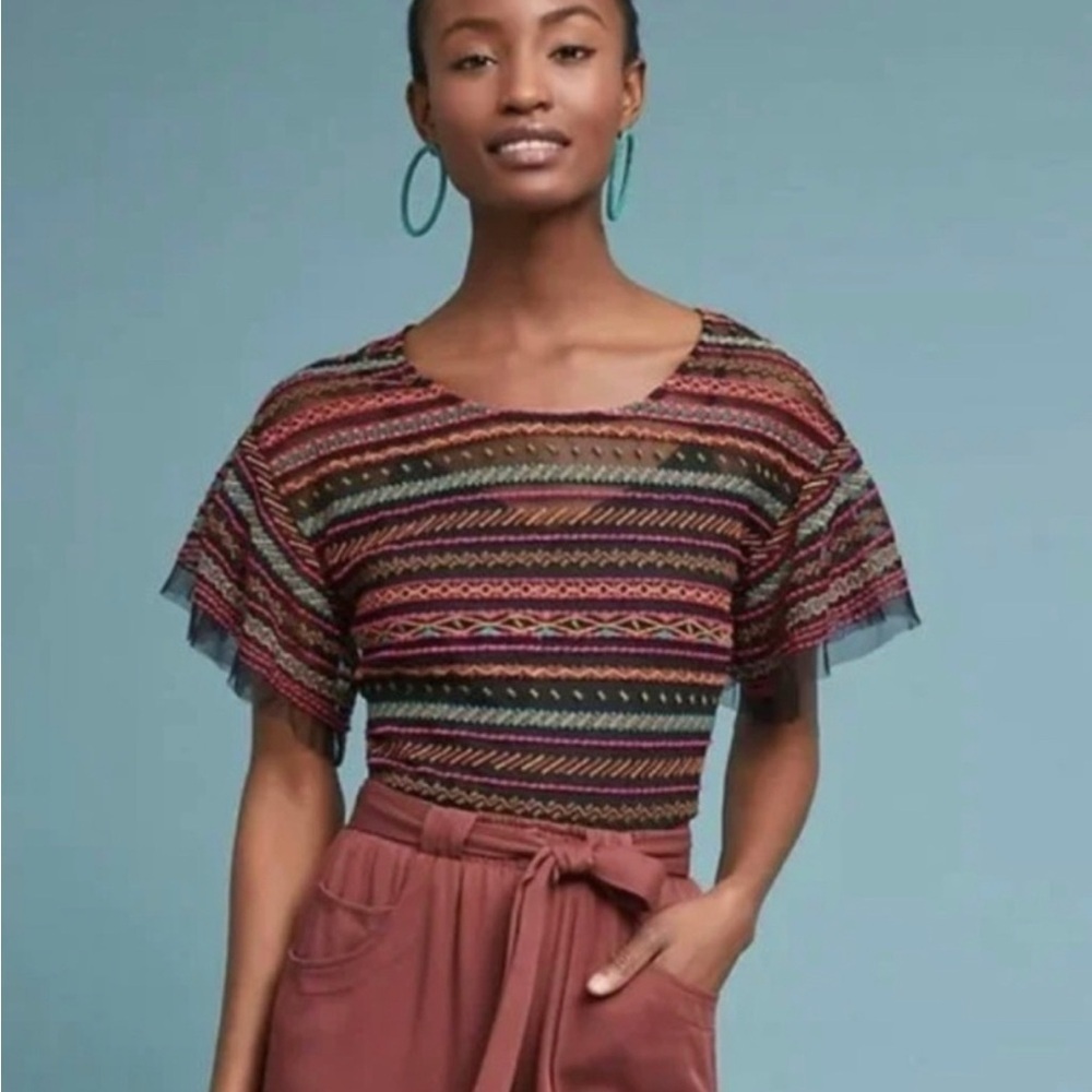 Anthropologie Maeve Naples Embroidered Mesh Blouse Women’s XS Sheer Embroidered